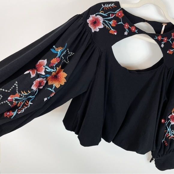 Free People Lita Embroidered Cut Out Long Sleeve Blouse Black - Picture 6 of 11